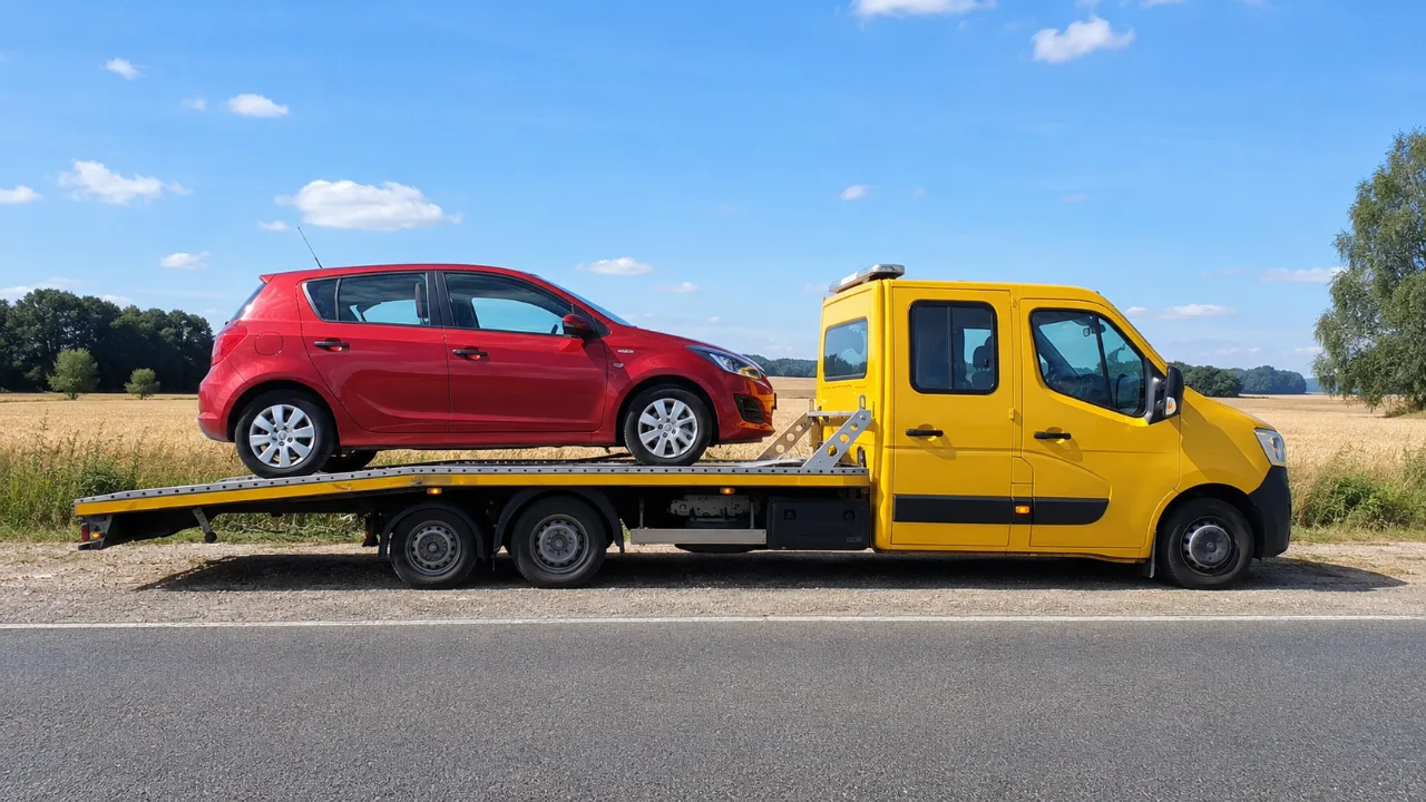Małe auto na platformie – wymiana koła i pomoc drogowa Piła