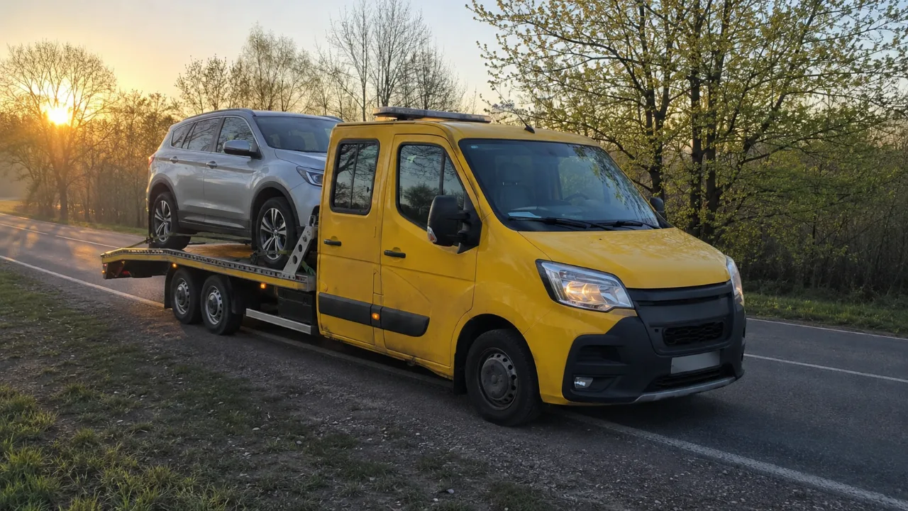 Laweta z SUV-em o wschodzie słońca – pomoc drogowa Piła 24h