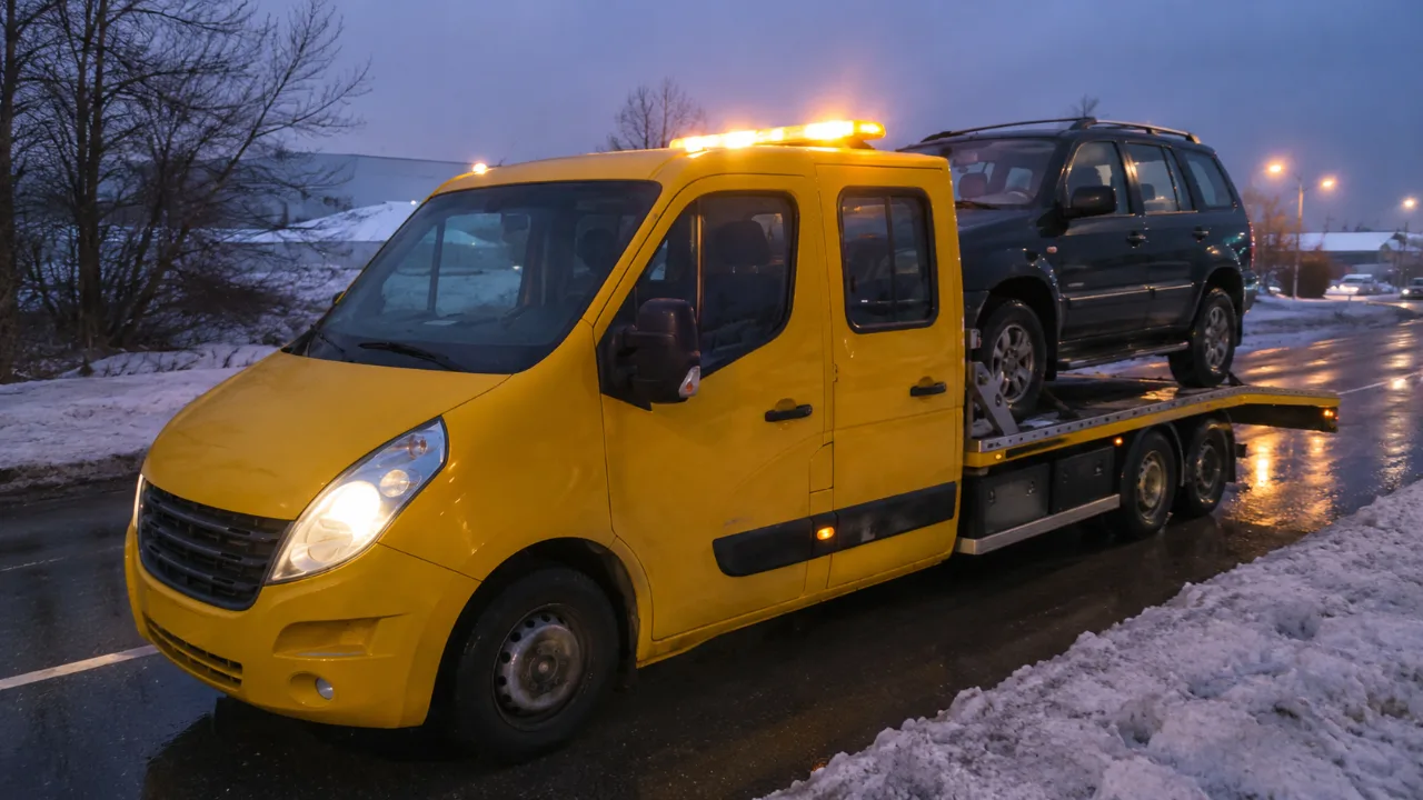 Nocna pomoc drogowa przy krajówce – SUV na lawecie, Piła