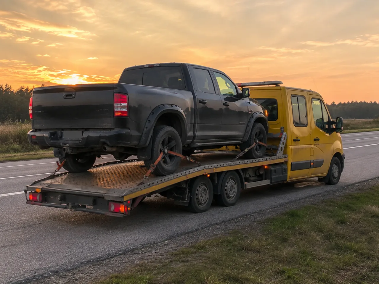 Pickup na lawecie o zachodzie słońca – wyciąganie auta z rowu pod Piłą